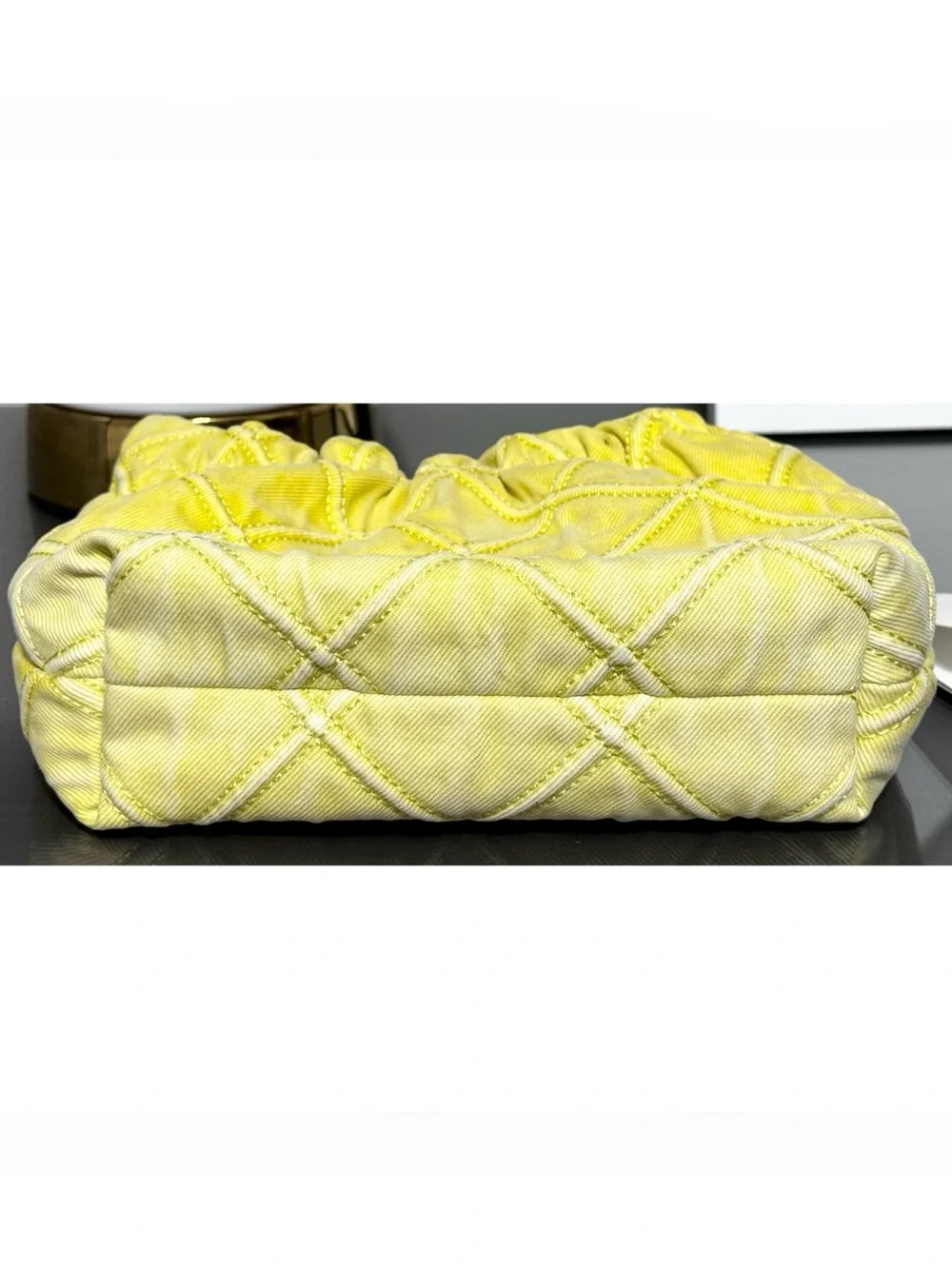 TORY BURCH MINI FLEMING SOFT QUILTED DENIM HOBO BAG, YELLOW